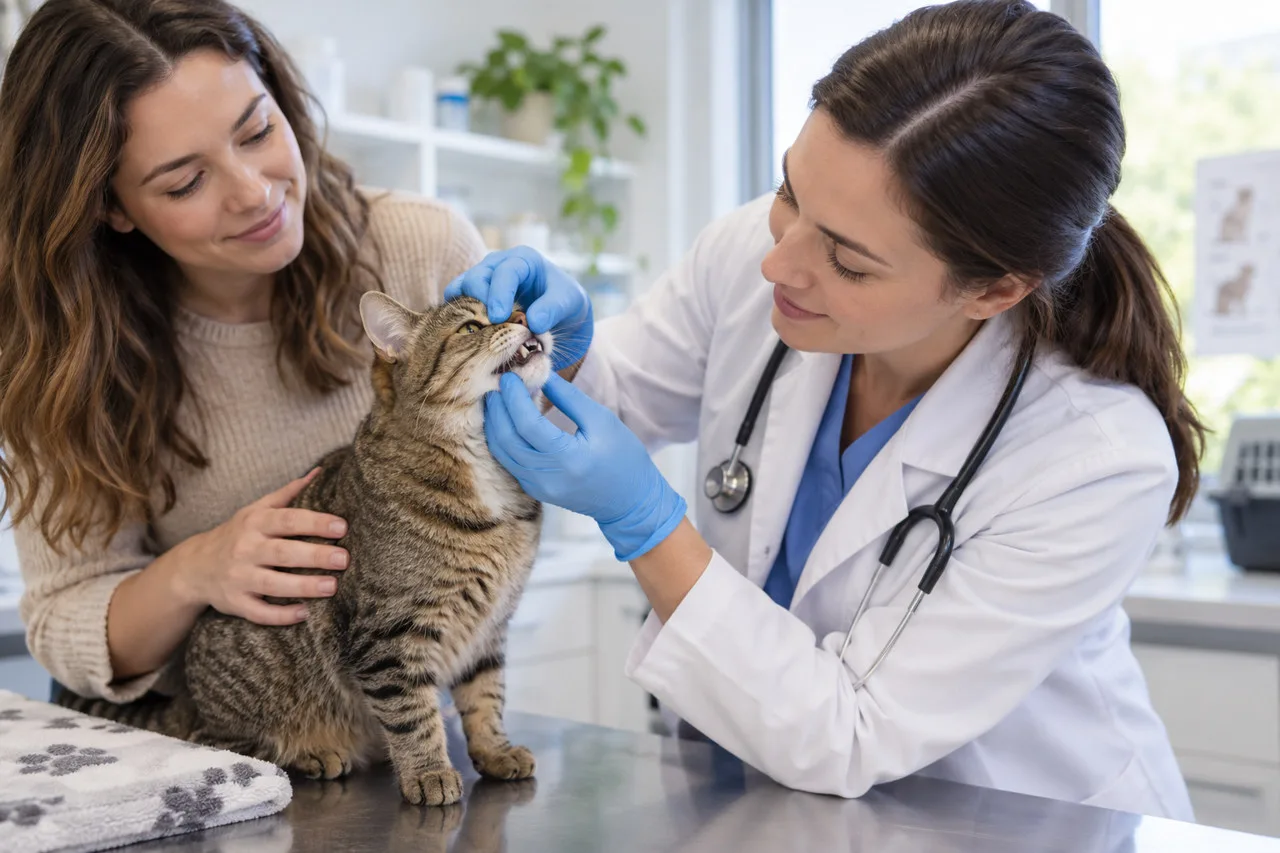 Veterinarian examining a tabby cat’s mouth